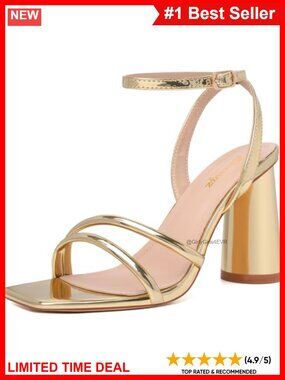 Block Heel Strappy Sandals Square Open Toe Ankle Strap 3.5 Inch Heels